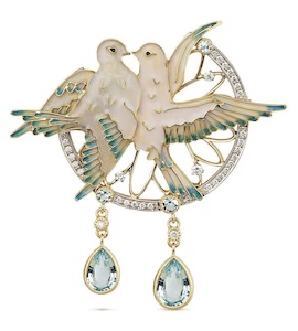 Брошь «Любовь и голуби» из белого золота с топазом и бриллиантами 00420