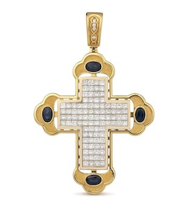 Подвеска-крест из желтого золота с бриллиантами и сапфирами 37728