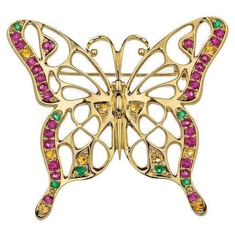 Брошь-подвеска «Бабочка» из желтого золота с изумрудами, рубинами и цитринами 70668