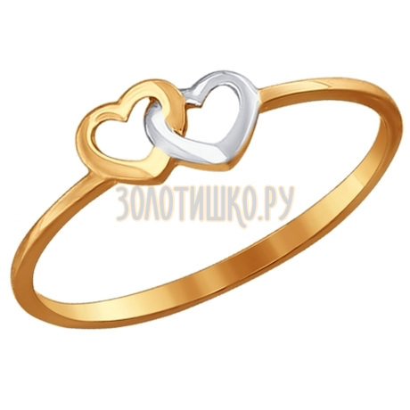 Тонкое золотое кольцо «Два сердца» 017128