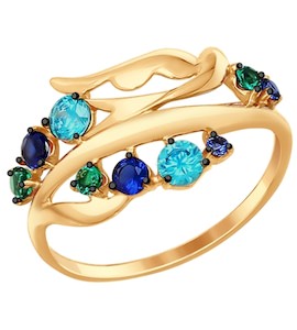 Кольцо из золота с зелеными и синими фианитами 017285