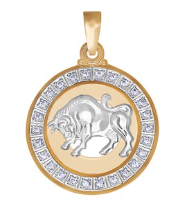 Подвеска знак зодиака из комбинированного золота c фианитами «Телец» 032492