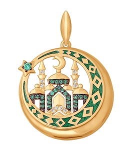 Подвеска мусульманская из золота с эмалью с зелеными фианитами 034836