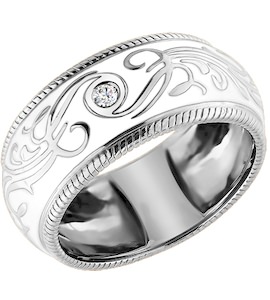 Кольцо с белой эмалью и бриллиантом выполненное из белого золота 1011193
