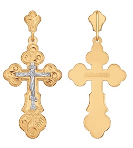 Крест из комбинированного золота с гравировкой 121002