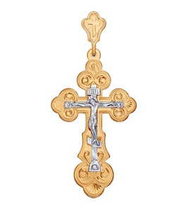 Крест из комбинированного золота с гравировкой 121004