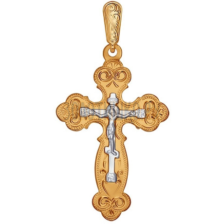 Крест из комбинированного золота с гравировкой 121013