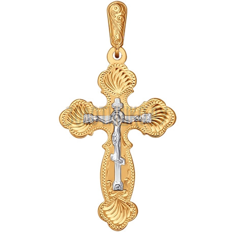 Крест из комбинированного золота с гравировкой 121014