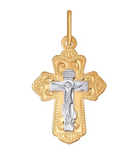 Крест из комбинированного золота с гравировкой 121101
