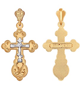 Крест из комбинированного золота с гравировкой 121146