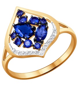 Кольцо из золота с бриллиантами и корундами сапфировыми (синт.) 6012043