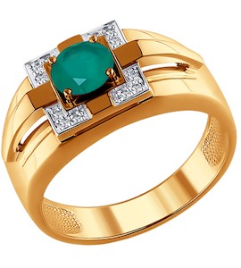 Печатка из золота с бриллиантами и зелёным агатом 6013044