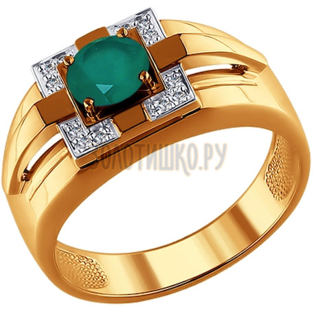 Печатка из золота с бриллиантами и зелёным агатом 6013044