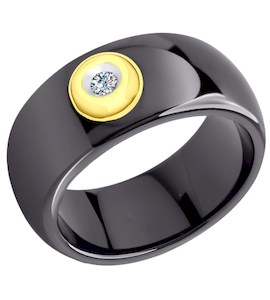 Кольцо из чёрной керамики с золотом и бриллиантом 6015012