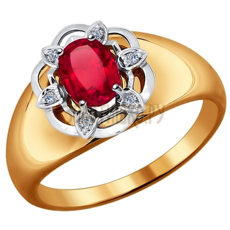 Кольцо из комбинированного золота с бриллиантами и корундом рубиновым (синт.) 6018004