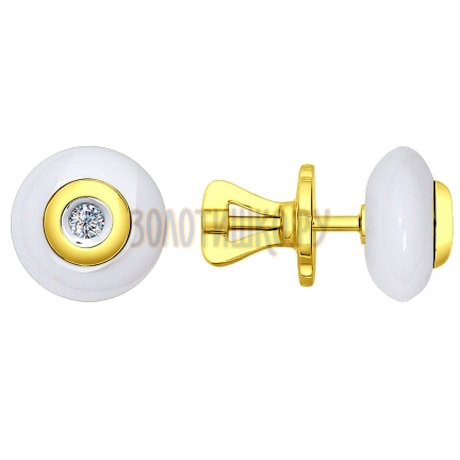 Серьги-пусеты из жёлтого золота с бриллиантами и керамикой 6025009