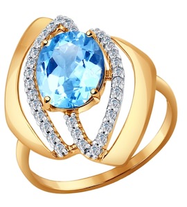 Кольцо из золота с голубым топазом и фианитами 714394