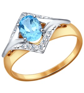 Кольцо из комбинированного золота с голубым топазом и фианитами 714463