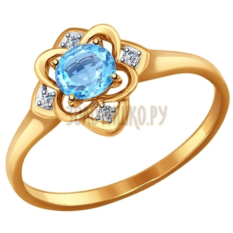 Кольцо из золота с голубым топазом и фианитами 714466