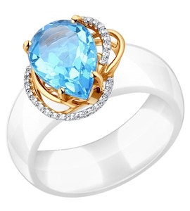 Белое керамическое кольцо с золотом и миксом камней 790009