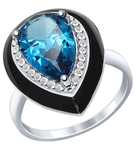 Кольцо из серебра с эмалью с синим ситаллом и фианитами 92011297