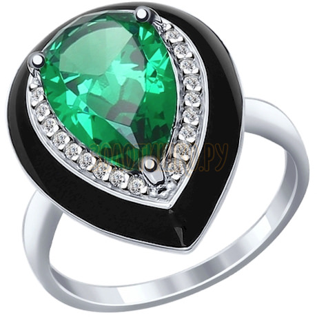 Кольцо из серебра с эмалью с зелёным ситаллом и фианитами 92011299