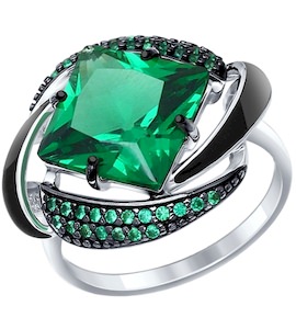 Кольцо из серебра с эмалью с зелёным ситаллом и зелеными фианитами 92011302
