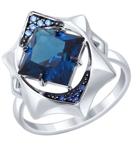 Кольцо из серебра с синим ситаллом и фианитами 92011320