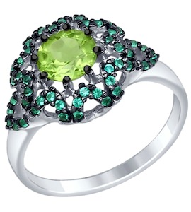 Кольцо из серебра с хризолитом и зелеными фианитами 92011352