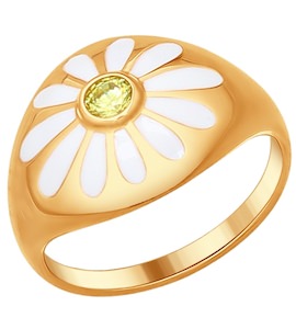 Кольцо из золочёного серебра с эмалью с фианитом «Ромашки» 93010571