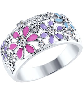 Широкое кольцо с цветами из разноцветной эмали 94010581