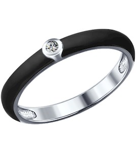 Чёрное кольцо из серебра с эмалью с фианитом 94011142