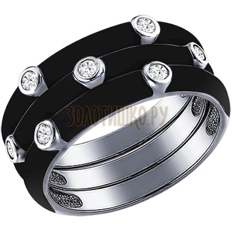 Чёрное кольцо из серебра с эмалью с фианитами 94011146