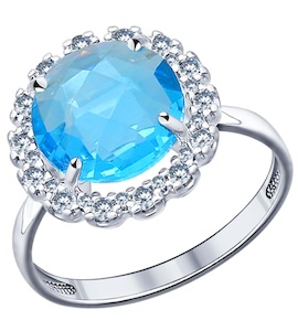 Кольцо из серебра с голубой стеклянной вставкой и фианитами 94011523