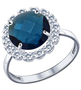 Кольцо из серебра с синей стеклянной вставкой и фианитами 94011524
