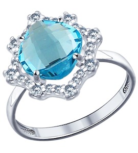 Кольцо из серебра с голубой стеклянной вставкой и фианитами 94011526