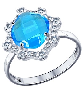 Кольцо из серебра с голубой стеклянной вставкой и фианитами 94011527