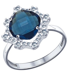 Кольцо из серебра с синей стеклянной вставкой и фианитами 94011528
