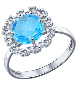 Кольцо из серебра с голубой стеклянной вставкой и фианитами 94011529