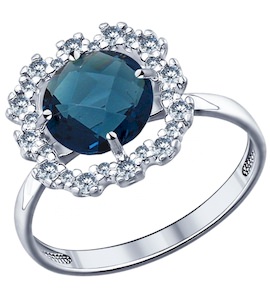 Кольцо из серебра с синей стеклянной вставкой и фианитами 94011530