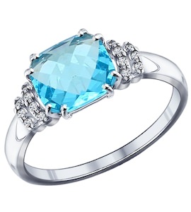 Кольцо из серебра с голубой стеклянной вставкой и фианитами 94011722