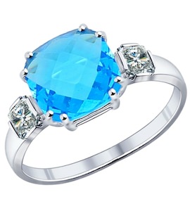 Кольцо из серебра с голубой стеклянной вставкой и фианитами 94011725