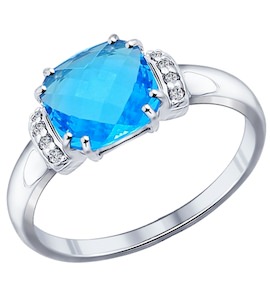 Кольцо из серебра с голубой стеклянной вставкой и фианитами 94011726