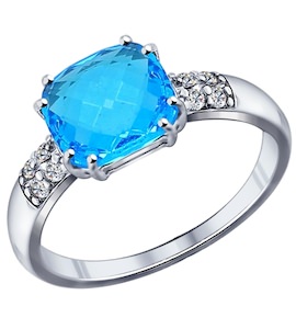 Кольцо из серебра с голубой стеклянной вставкой и фианитами 94011727