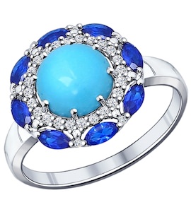 Кольцо из серебра с бирюзой и синими фианитами 94011823