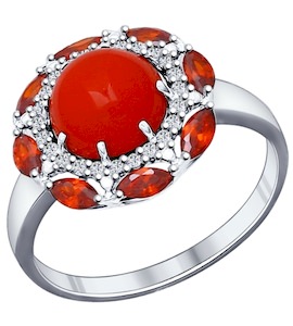 Кольцо из серебра с кораллом и красными фианитами 94011849