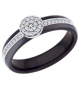 Чёрное керамическое кольцо с серебром и фианитами 94011902
