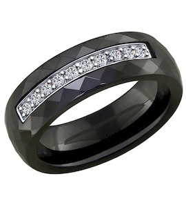 Чёрное керамическое кольцо с серебром и фианитами 94011904