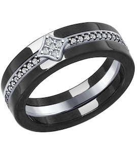Кольцо из чёрной керамики с серебром и фианитами 94011982