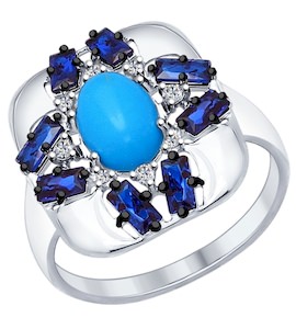 Кольцо из серебра с бирюзой (синт.), синими и бесцветными фианитами 94011998